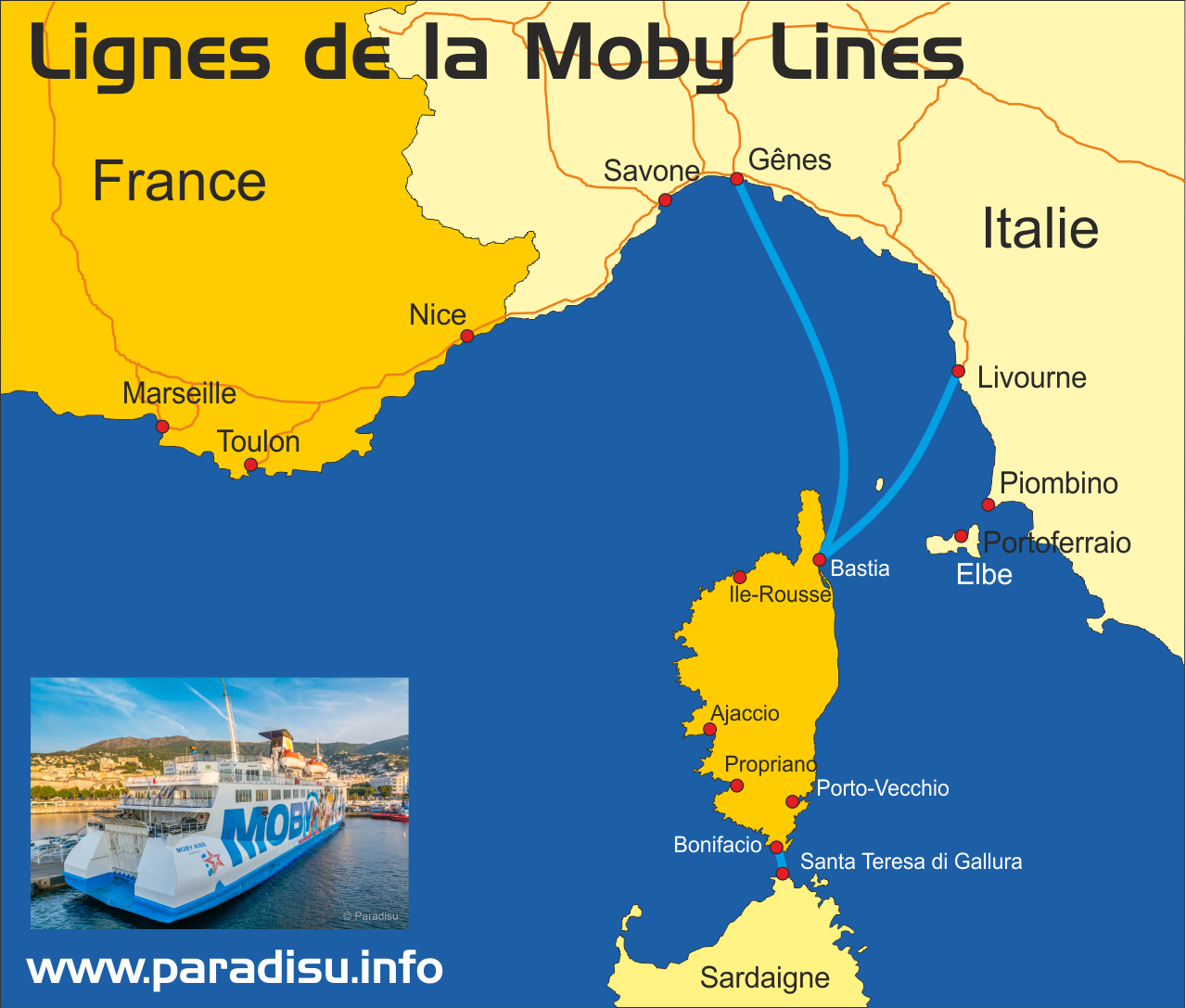 Lignes de la Moby Lines vers la Corse
